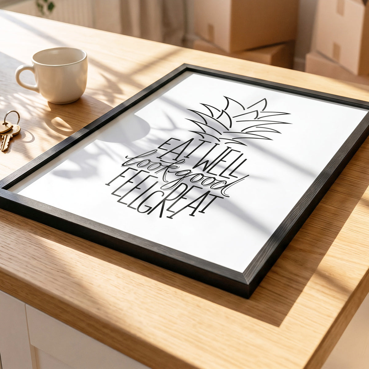 Gerahmtes Poster Ananas auf einer Holzplatte, Nahaufnahme