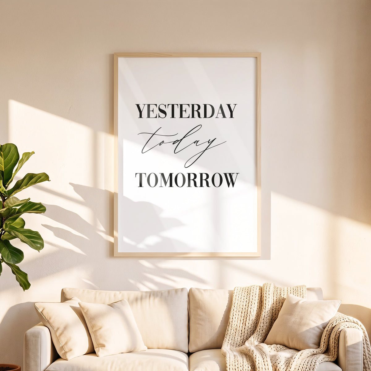 Poster Yesterday today tomorrow in 50 x 70 cm über dem Sofa