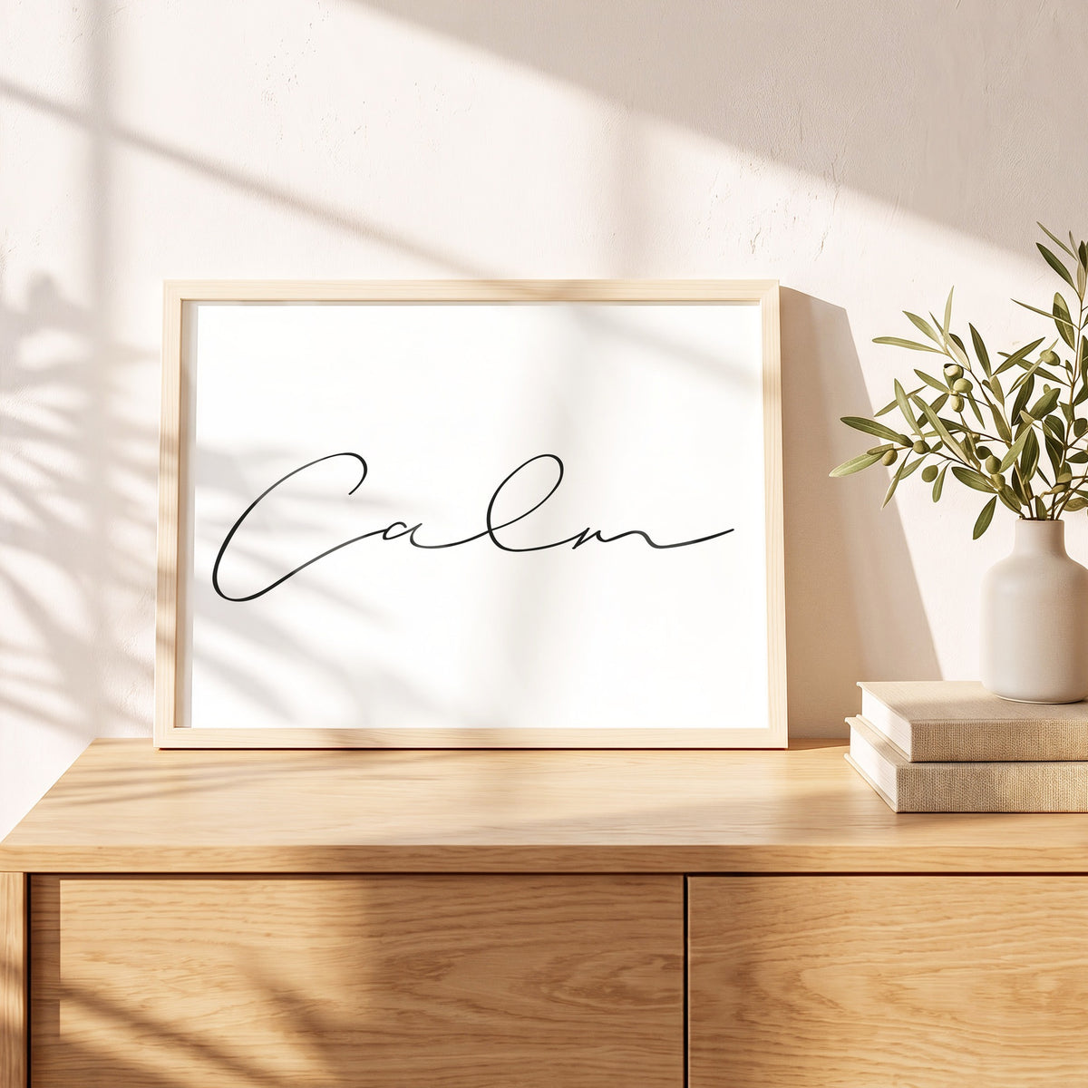 Poster Calm im Holzrahmen auf einem Sideboard