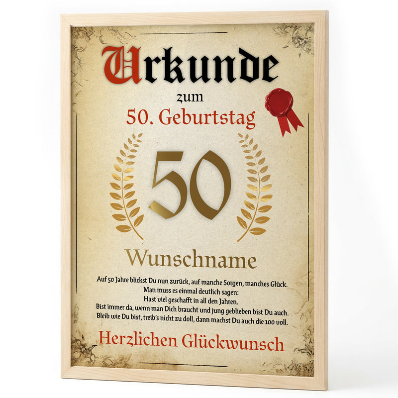 Urkunde zum 50. Geburtstag im Vintage-Stil mit Lorbeer, Goldzahl und rotem Siegel, im Holzrahmen