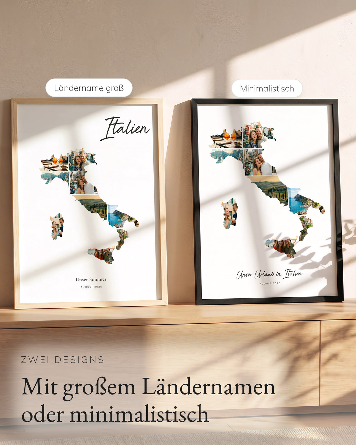 Zwei Designs im Vergleich: Ländername groß und minimalistisch mit „Unser Urlaub in Italien“
