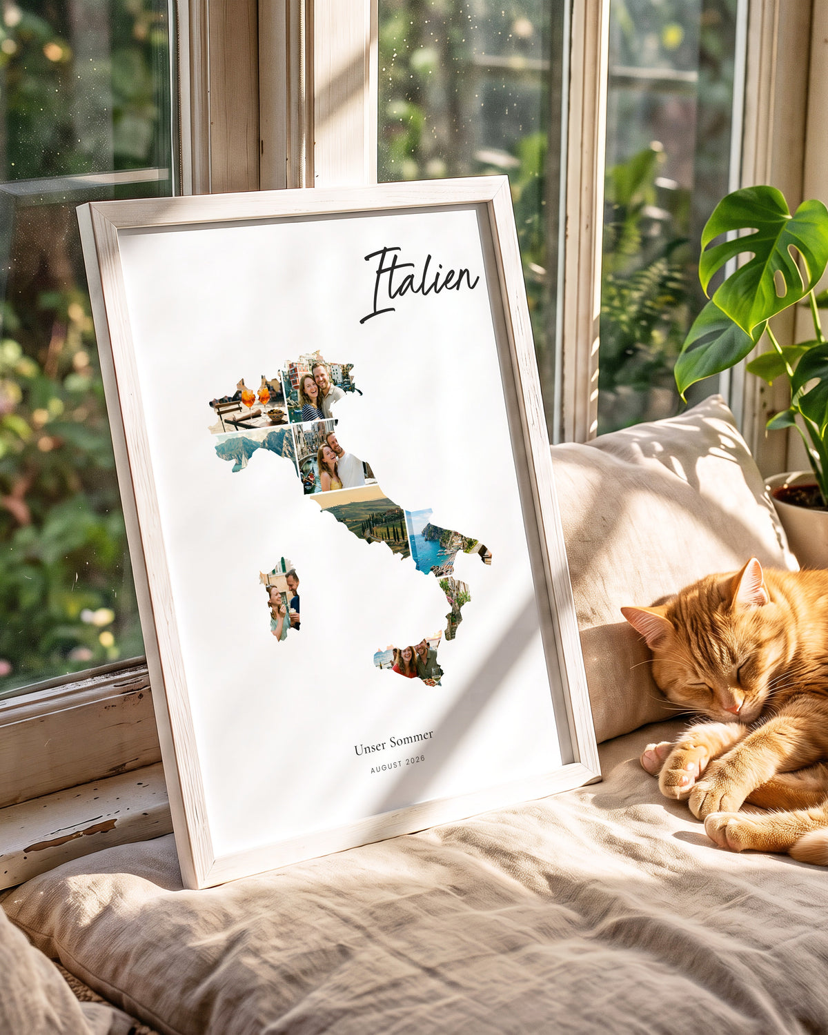 Urlaubsposter Italien im hellen Holzrahmen auf einer sonnigen Fensterbank, daneben schläft eine Katze