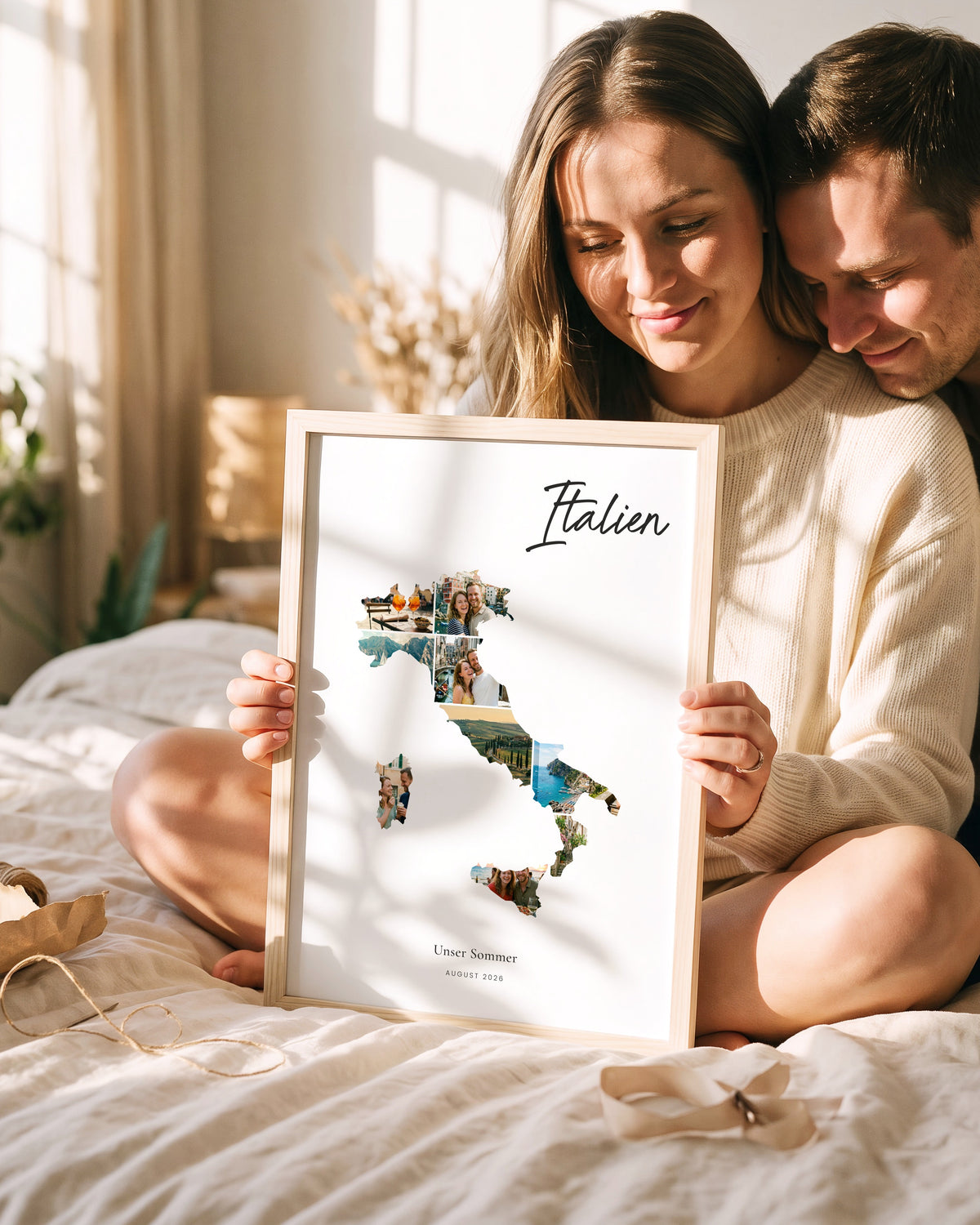 Paar auf dem Bett hält zum Jahrestag das Urlaubsposter mit den gemeinsamen Reisefotos