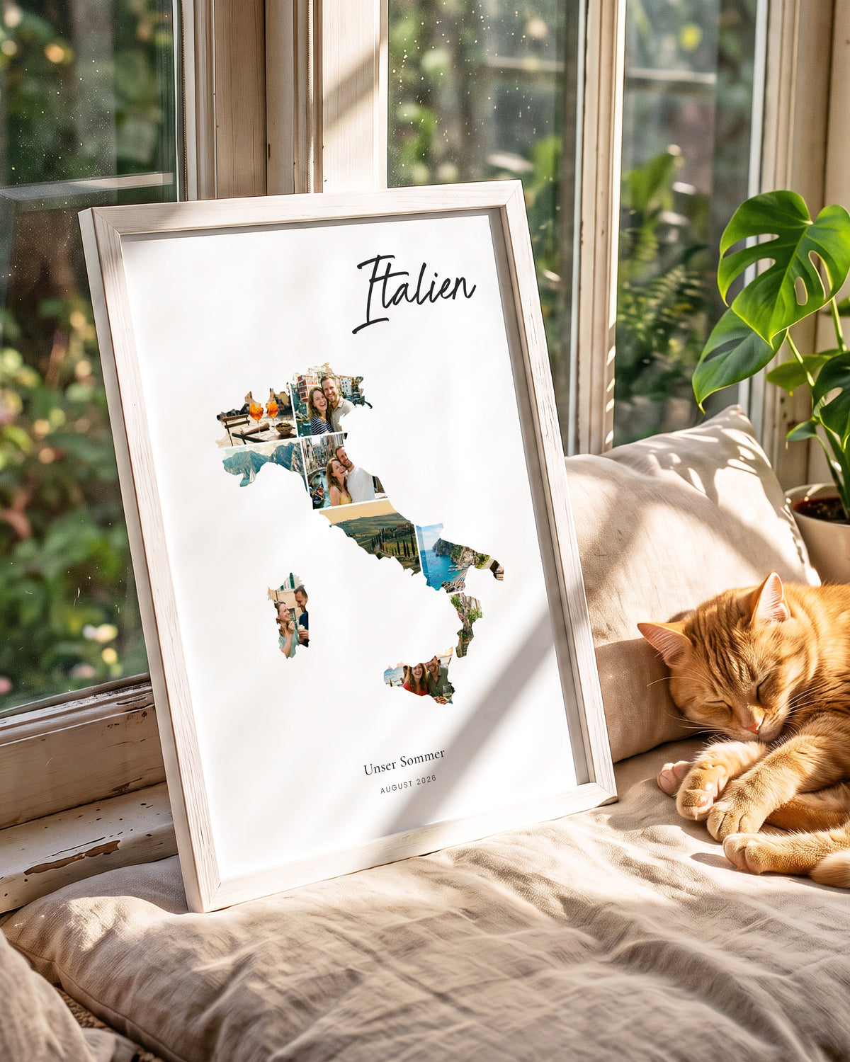 Urlaubsposter Italien im hellen Holzrahmen auf einer sonnigen Fensterbank, daneben schläft eine Katze