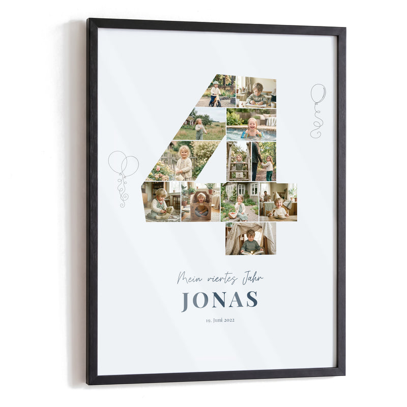 Fotoposter Mein viertes Jahr mit Kinderfotos als große 4 im schwarzen Holzrahmen