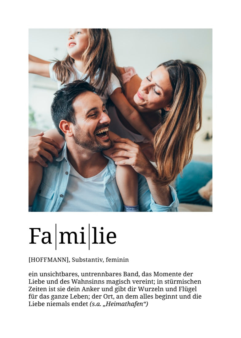 Definition Familie mit Foto: Foto oben, darunter Fa|mi|lie, [HOFFMANN], Substantiv, feminin und die Bedeutung